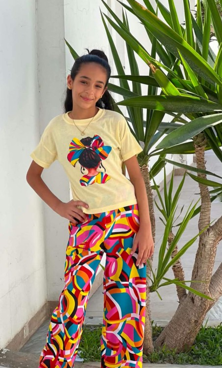 Ensemble fille T-shirt jaune & pantalon large multicolore