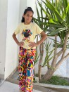 Ensemble fille T-shirt jaune & pantalon large multicolore