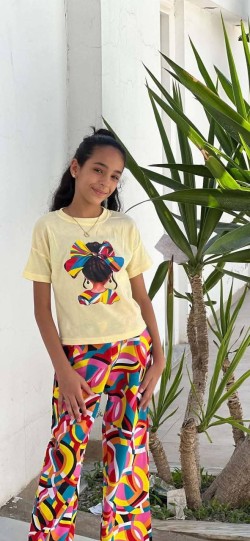 Ensemble fille T-shirt jaune & pantalon large multicolore
