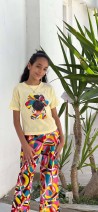 Ensemble fille T-shirt jaune & pantalon large multicolore